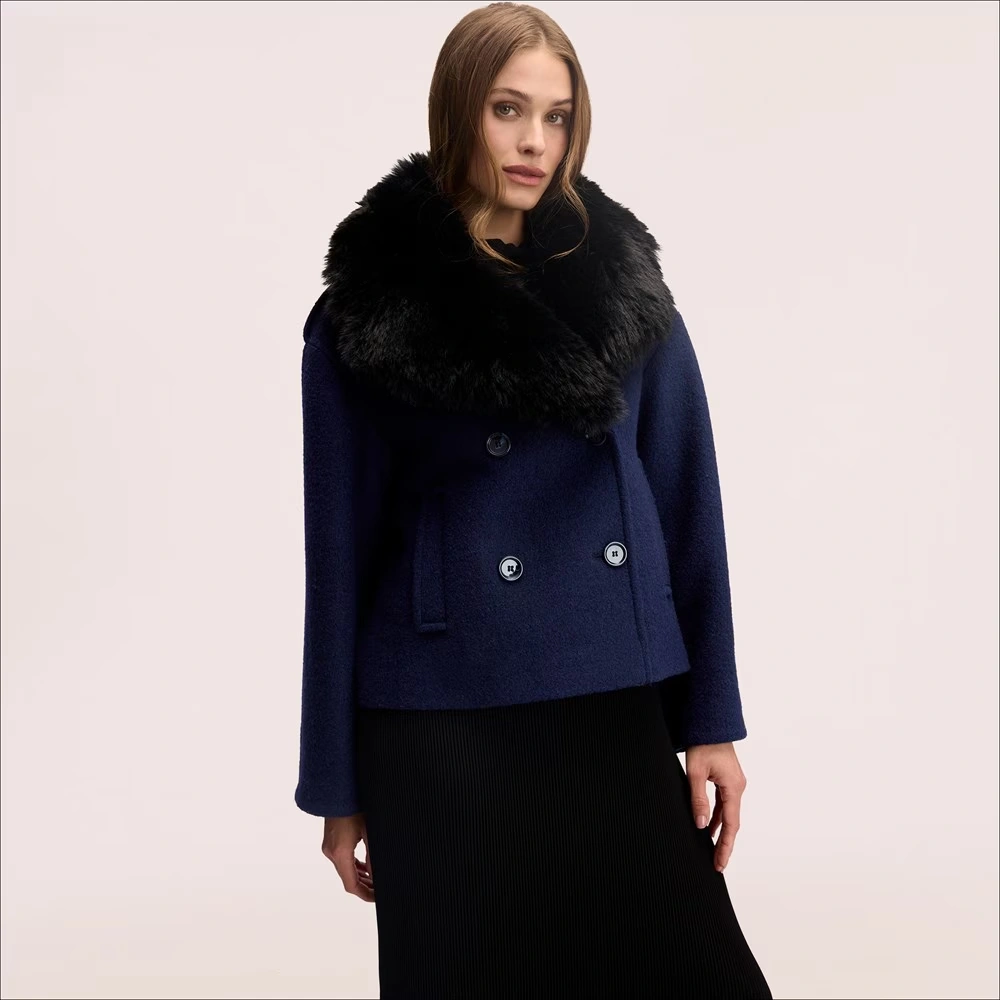 Double Breasted Peacoat with Removable Faux Fur Collar